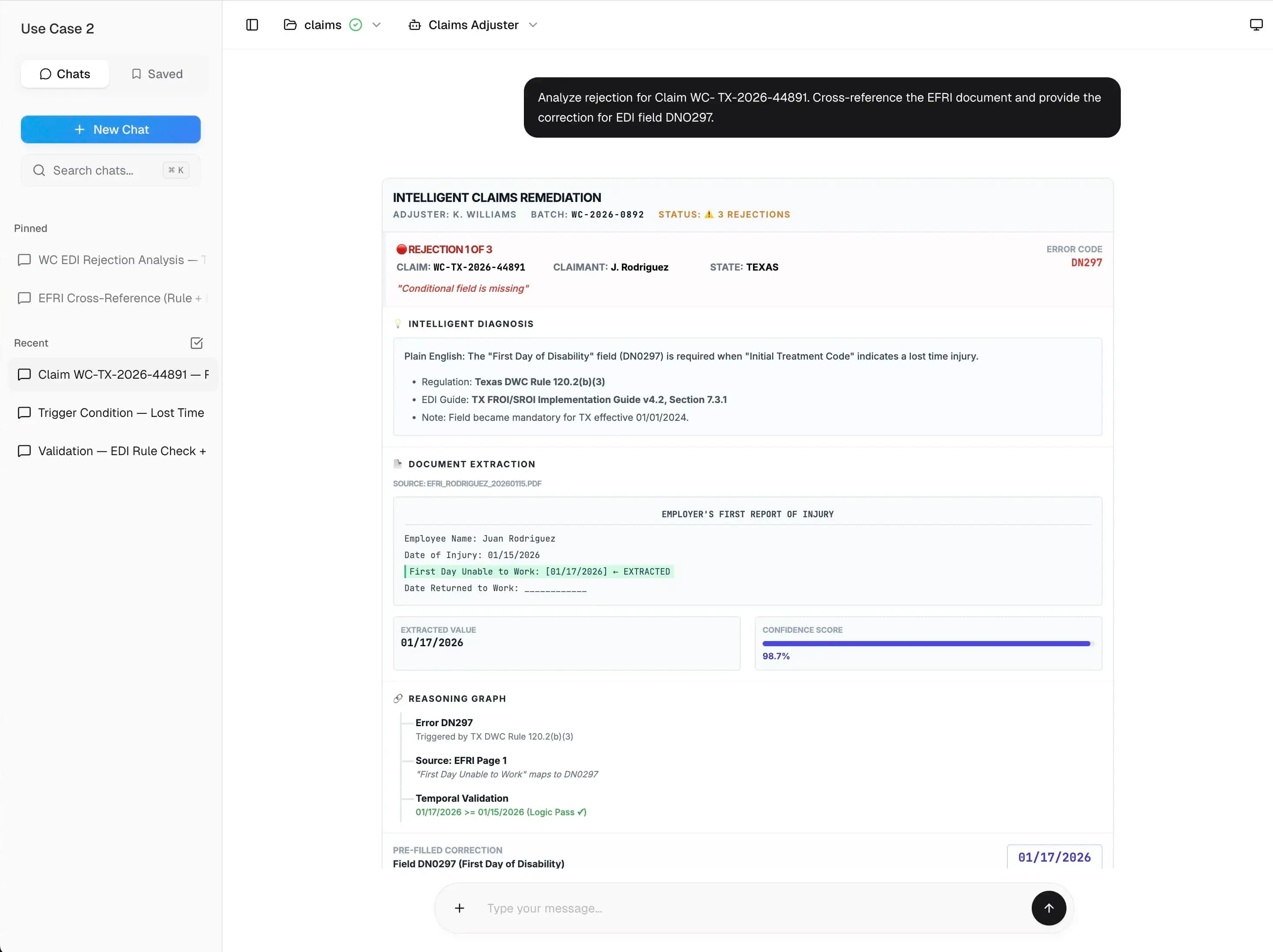 Intelligent claims remediation workspace highlighting rejected filings
