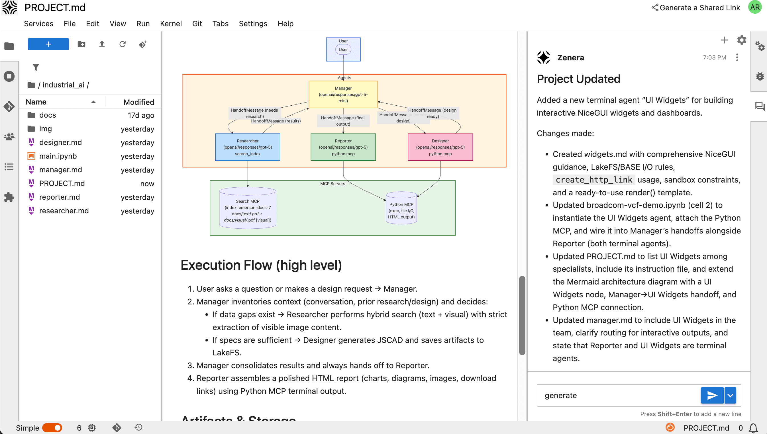 ZeneraLabs AI-Native IDE with Meta-Agent chat panel and agent system notebooks
