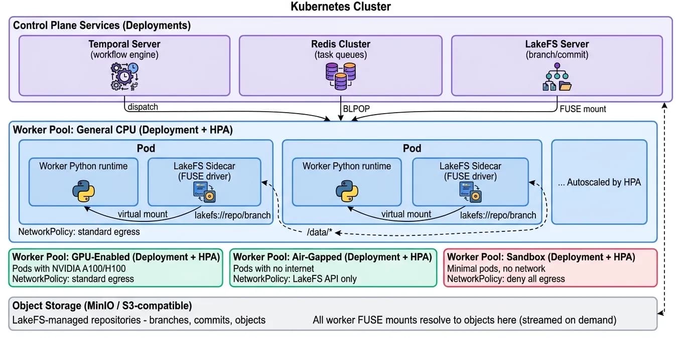 Transactional Execution Runtime architecture diagram showing Kubernetes cluster, control plane services, worker pools, and object storage