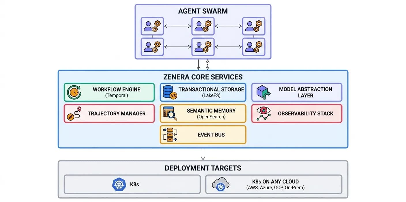 ZeneraRuntime architecture - Agent Execution Layer, Core Infrastructure Services, and Deployment Targets