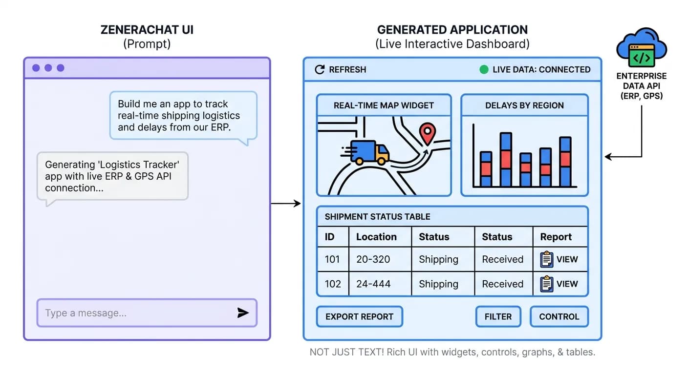 ZeneraChat UI - rich agent interaction with dashboards, tables, and vibe-coded applications
