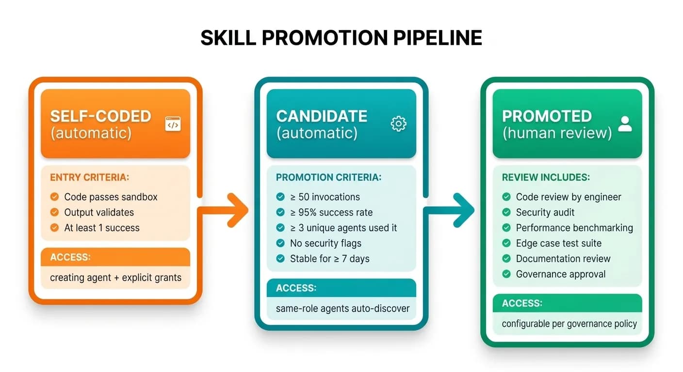 Skill promotion pipeline showing three stages: Self-Coded (automatic entry), Candidate (automatic promotion at 50+ invocations, 95%+ success rate, 3+ unique agents, no security flags, stable for 7+ days), and Promoted (human review including code review, security audit, performance benchmarking, edge case tests, documentation, and governance approval)