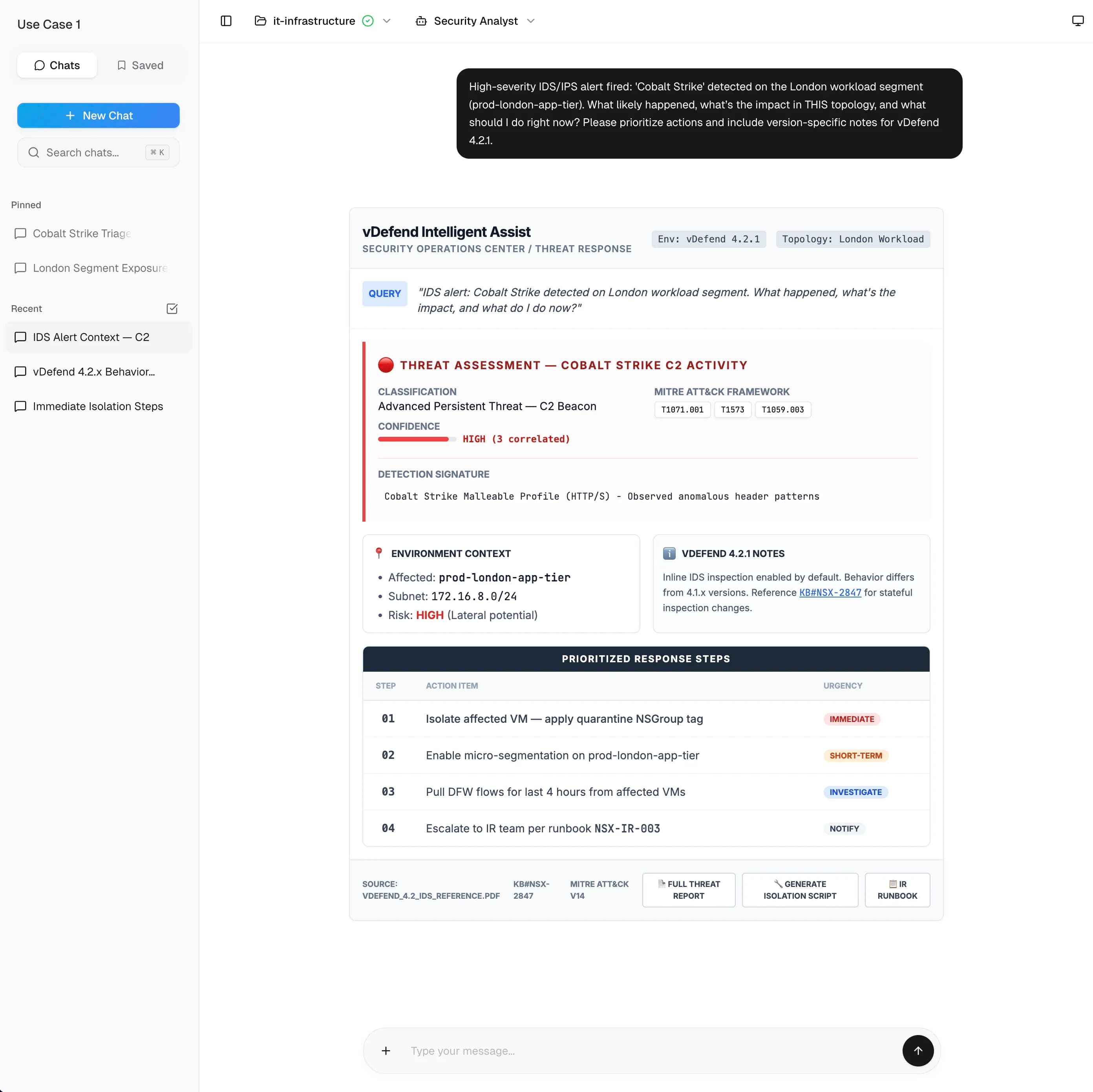 vDefend threat alert triage dashboard with context